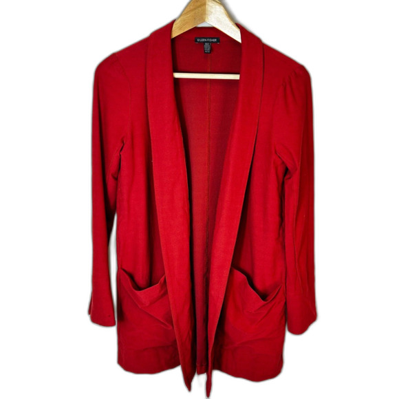 Eileen Fisher NWOT Russet Red Relaxed Fit Open Front Shawl Collar Jacket Size XS - Picture 4 of 12